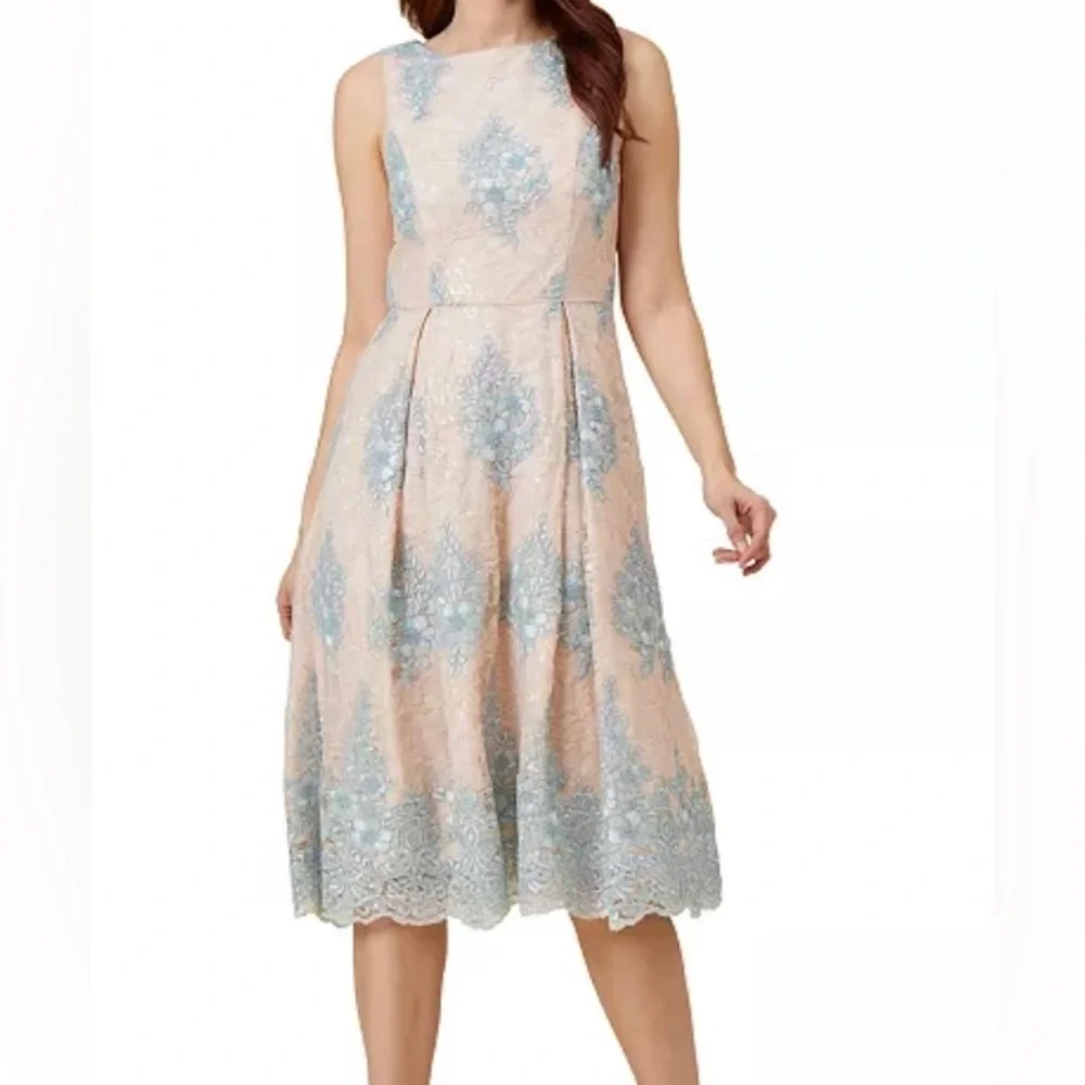 Adrianna Papell Cocktail Dress Blush Pink Baby blue Lace Fit & Flare Sz 18 READ